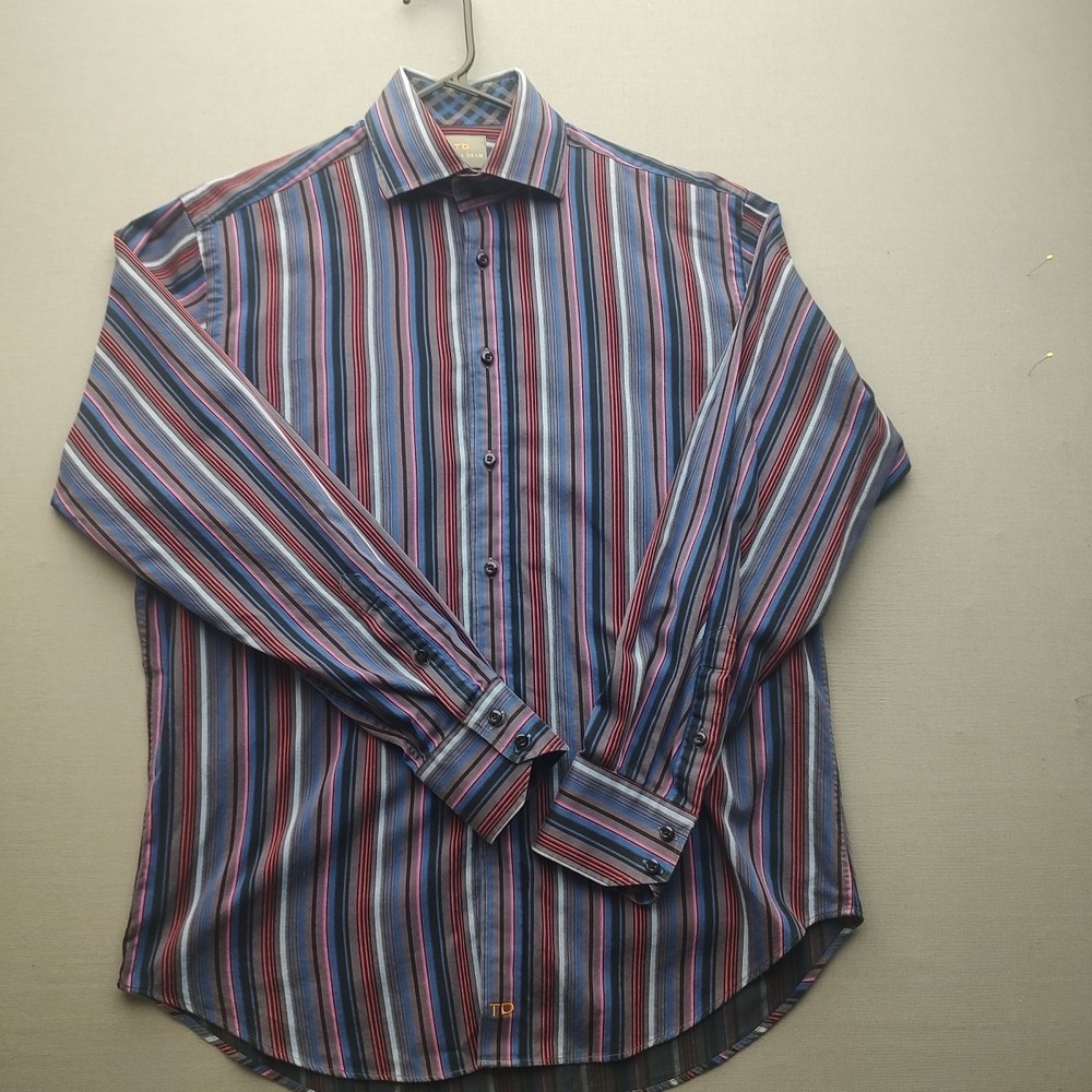 Thomas Dean Man's Multicolored Striped Button Up Shirt Long Sleeve Medium